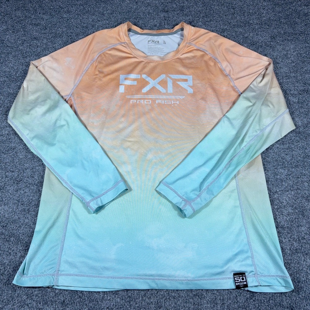 FXR Pro Fish Mens Large L Long Sleeve Fishing Shirt 50 UPF Ombre Orange Blue